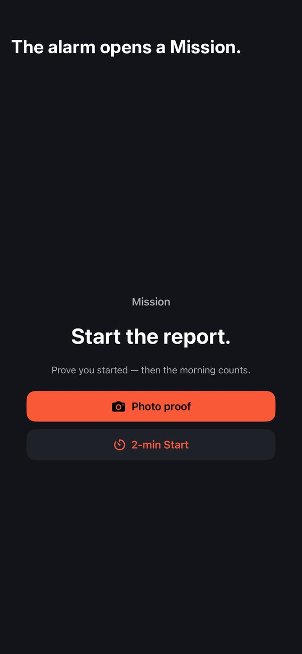The alarm opens a Mission with Photo proof and 2-min Start options