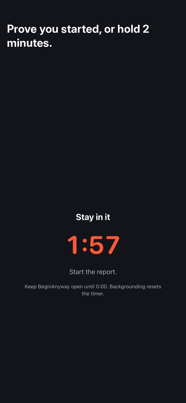 Two-minute start timer counting down at 1:57